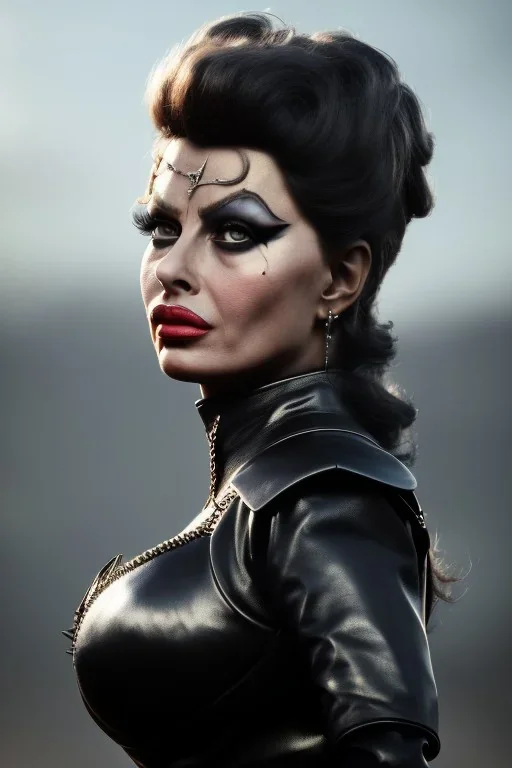 young sophia loren as evil queen in black leather, angry, stern look, volumetric lighting, particales,highly detailed,cinematic, deep colours,8