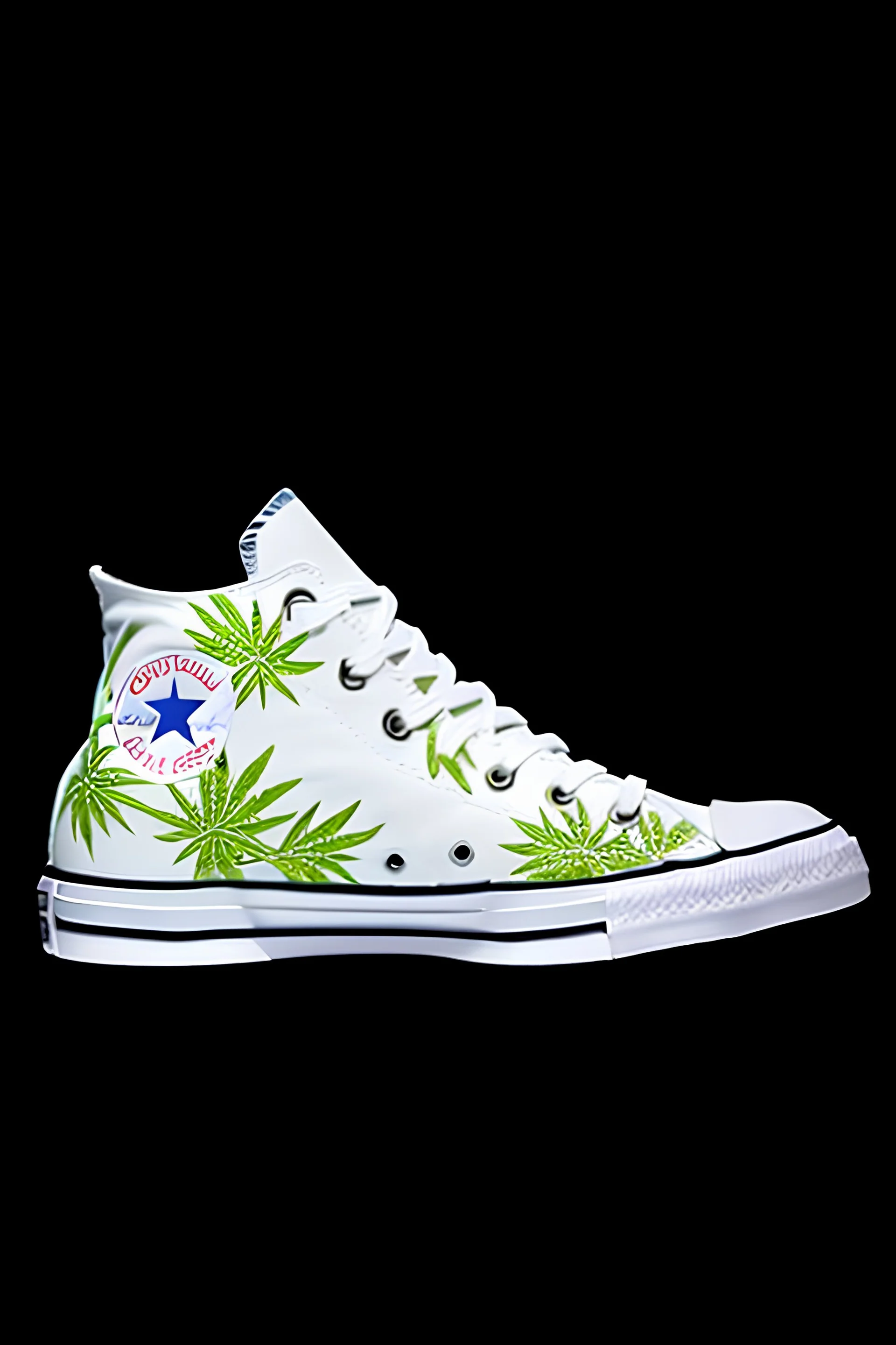 A converse sneaker with weed leaves printed on the material, green, yellow and red colors