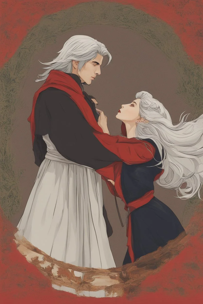 Couple from dnd passionate kissing, woman with white hair wearing a dress, man with long black hair tunic and red cloak.