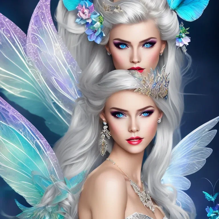 Fantasy fairy with transparent wings, smiling, make up, long platinum blond hair with crown and flowers, blue dress, flower background