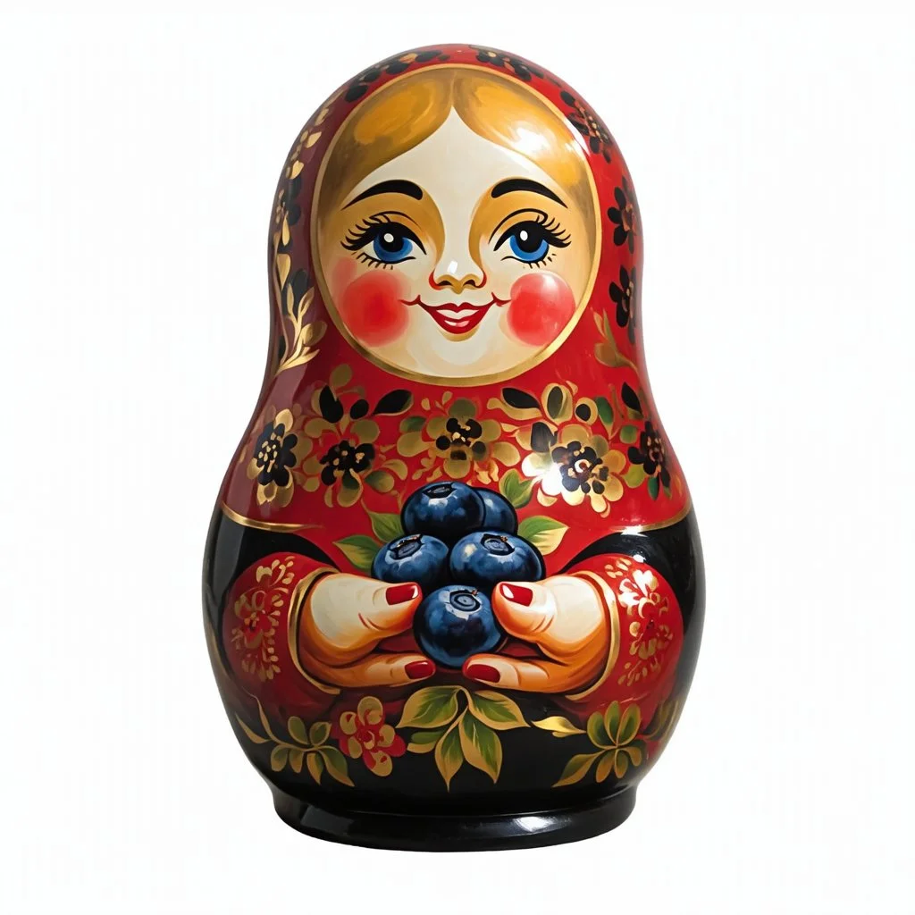 draw matryoshka dolls, the matryoshka is smiling, the kind sweet face of the matryoshka doll, behind the matryoshka Russian patterns in the style of Khokhloma, Khokhloma with gold and black flowers, in the hands of matryoshka blueberries