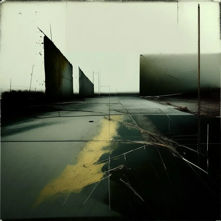 Minimal abstract oil paintings desolate carpark with falling concrete fragments. style of Justin Mortimer and Phil Hale, Francis Bacon. Glitch road markings.