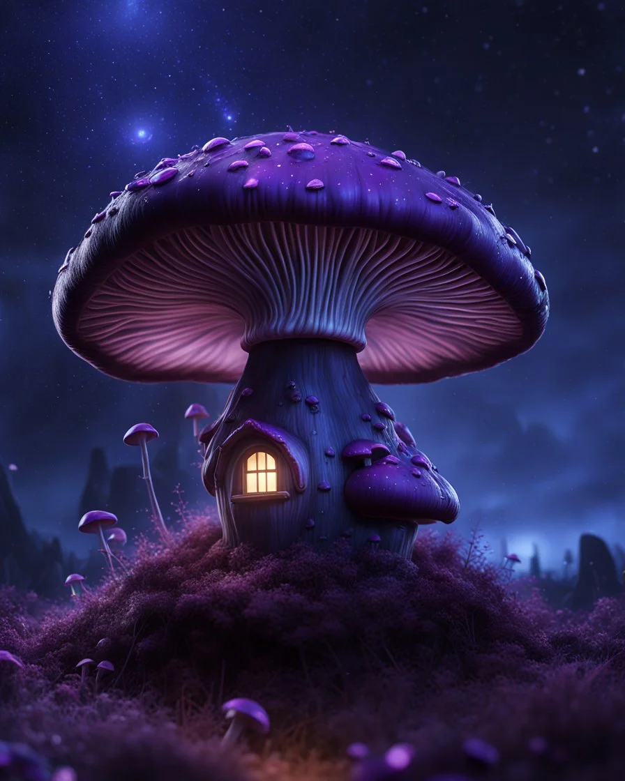 A solitary floating mushroom house on a clear night. silver and purple and blue, Dark cosmic interstellar. Detailed Matte Painting, deep color, fantastical, intricate detail, splash screen, hyperdetailed, insane depth, concept art, 8k resolution, trending on Artstation, Unreal Engine 5, color depth, backlit, splash art, dramatic, High Quality Whimsical Fun Imaginative Bubbly, perfect composition