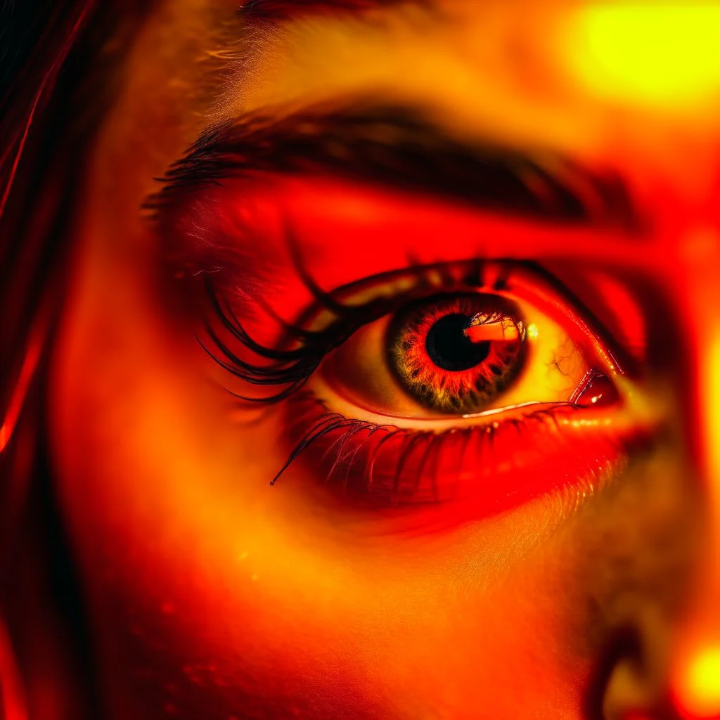 a woman's eye reflecting candlelight, warm orange/red colours, sadness, photo quality