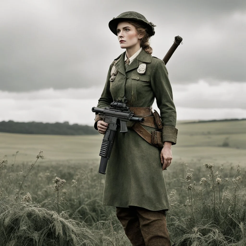 [standing in a Cornwall field] A woman elf, clad in a dirty World War I worker's uniform, her delicate features stark against the rugged attire. But what truly caught the eye was the heavy machine gun she carried with ease, a juxtaposition of elegance and power that defied conventional stereotypes.