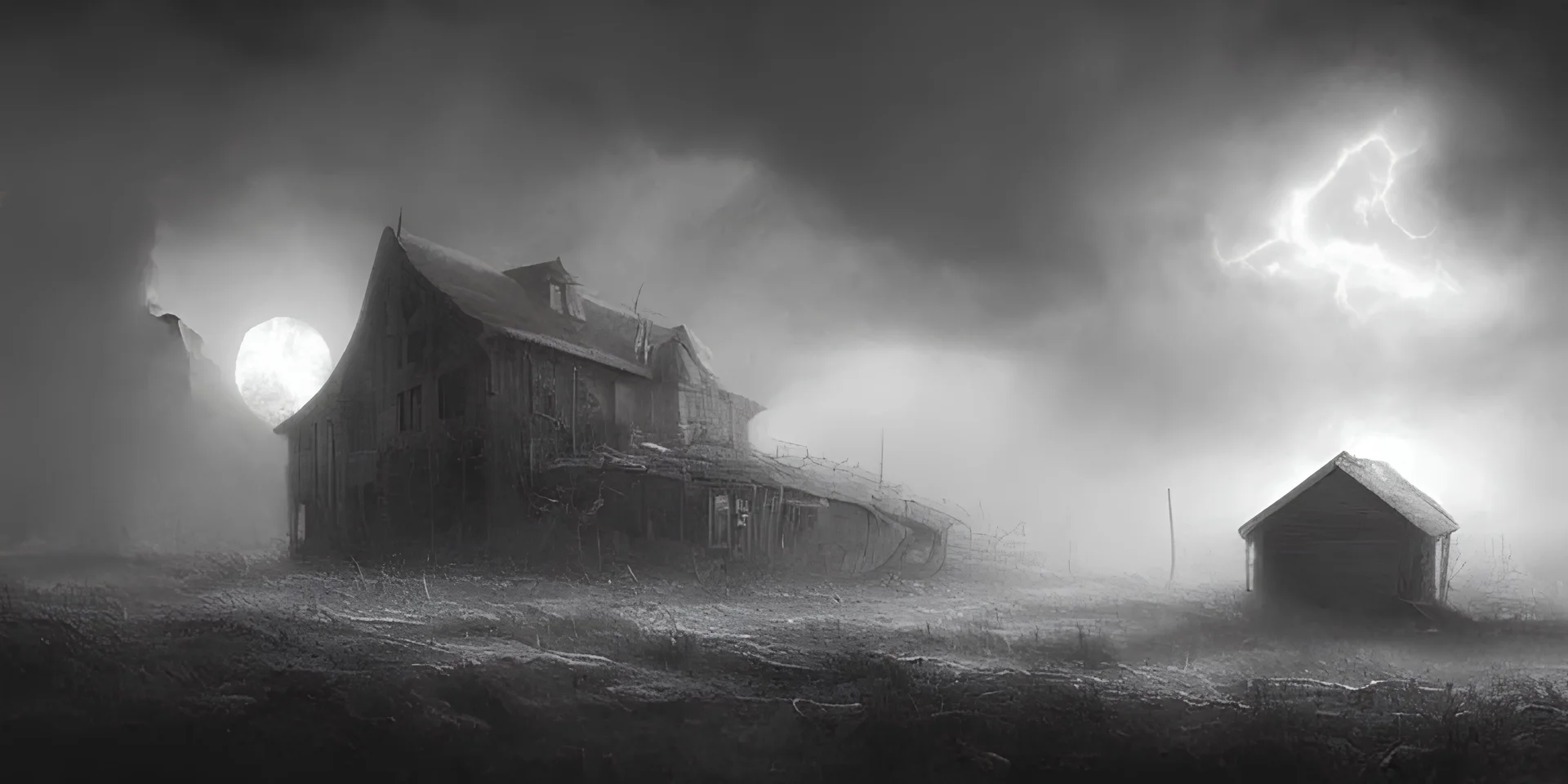 Farm house, post-apocalyptic liminal horror sinister by Greg Rutkowski h. R. Giger, Boris vallejo, Gustave Doré ethereal fantasy hyperdetailed mist Thomas Kinkade volumetric fog eldritch crepuscule, thunderstorm black and white