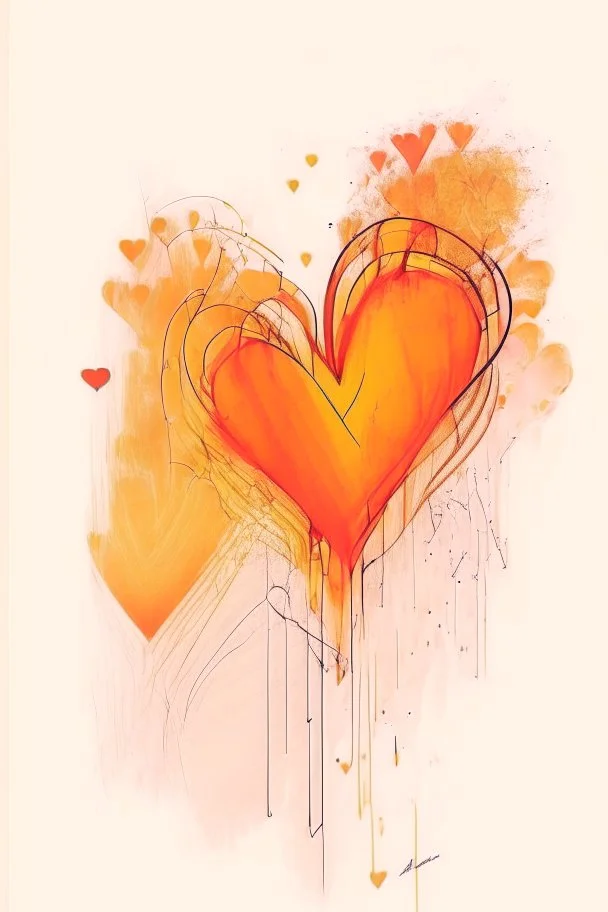 Hearts abstract wet watercolour in the style of Agnes Cecile with thin sketchy pencil lines, red orange yellow