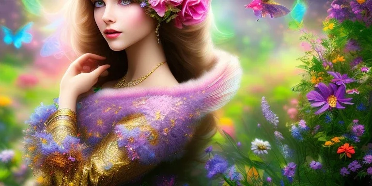 bright fairy, beautiful portrait, flowery landscape