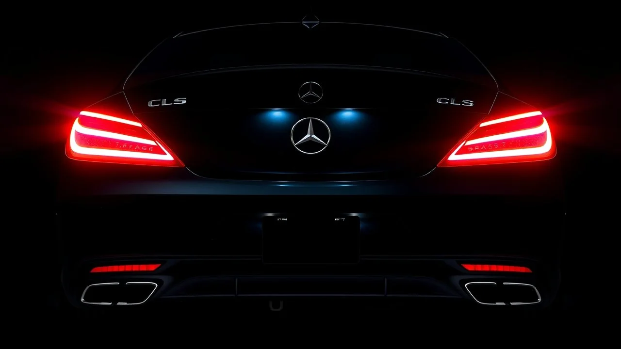 Full image of the rear view of a black Mercedes-Benz CLS with bright neon lights on a black background