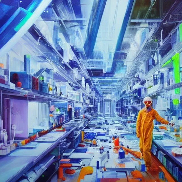 scientists create a new version of photoshop. they are wearing safety goggles and white clothes. lab. blue light from fluorescent lamps. color charts. hyperdetailed cool colors detailed painting acrylic art oil on canvas futuristic post-apocalyptic fantasy --test --creative