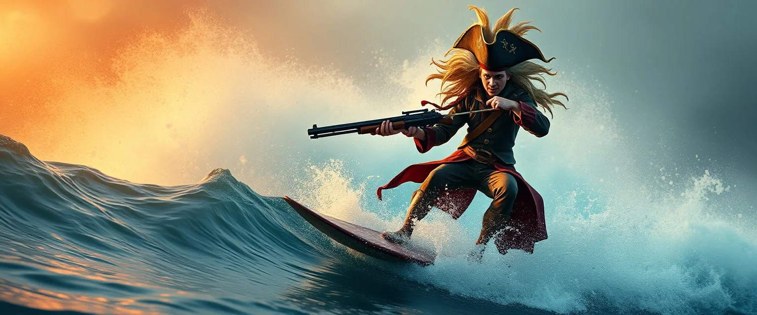 pirate shotgun mozart playing with his wig, looking hot and crazy on a surfboard on a big wave, through fire storm and stone