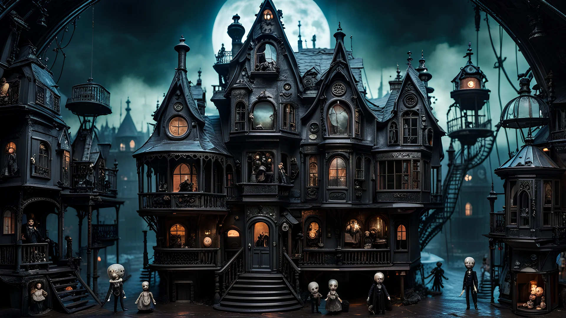 A gritty, full-body shot of an insatiably evil black opal iridescent pearlescent dark Victorian steampunk dollhouse with creepy mechanical dolls in a surreal landscape, with sharp ivory teeth, macabre, Dariusz Zawadzki art style, liminal spaces, horror art, dark gaming background, wet, glossy, horror art, trypophobia, eerie, intricate details, HDR, beautifully shot, hyperrealistic, sharp focus, back lit, 64 megapixels, perfect composition, high contrast, cinematic