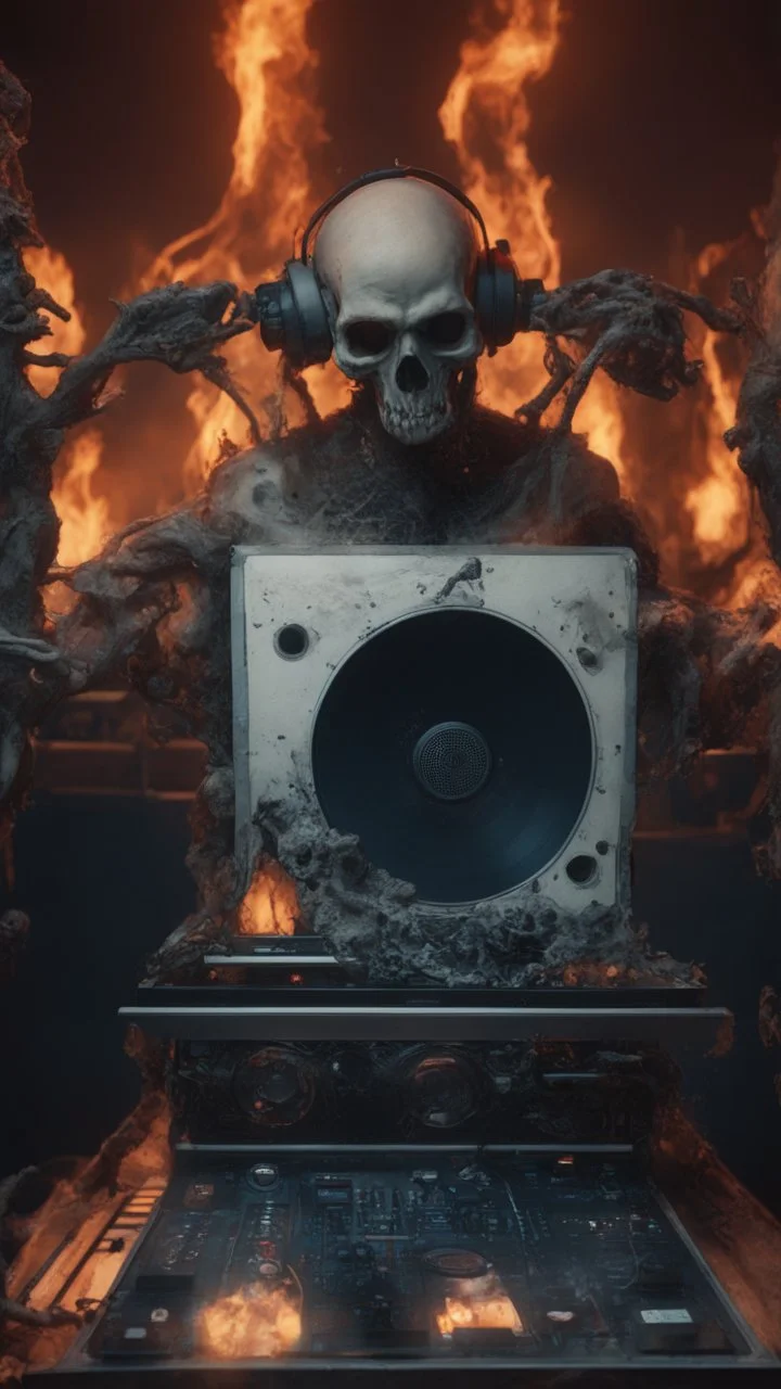 DJ of the damnded, insanely detailed DJ booth in hell, MID set, speakers and equipment made of bone, anatomically correct, add more skulls in th audience, photorealism, vray, 8k 3d