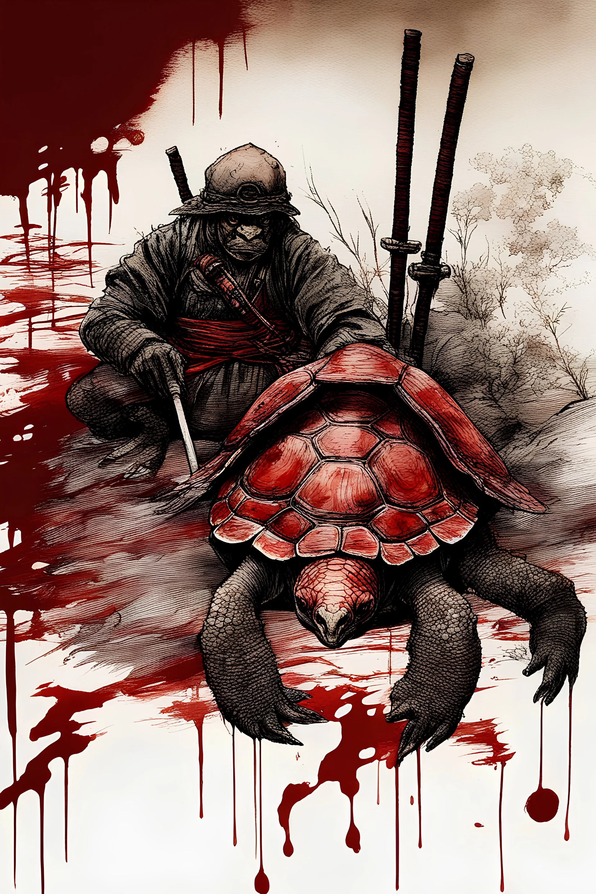 blood, guts, wildflower, intricate, darkred tones, turtle samurai, watercolor illustration by <John Kenn Mortensen> <Yoji Shinkawa>,