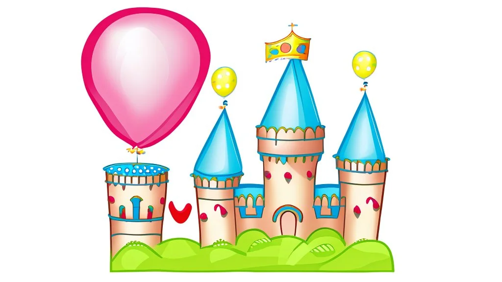 Illustration of a balloon castle, this castle is the party decoration factory. detailed illustration. Children book style.