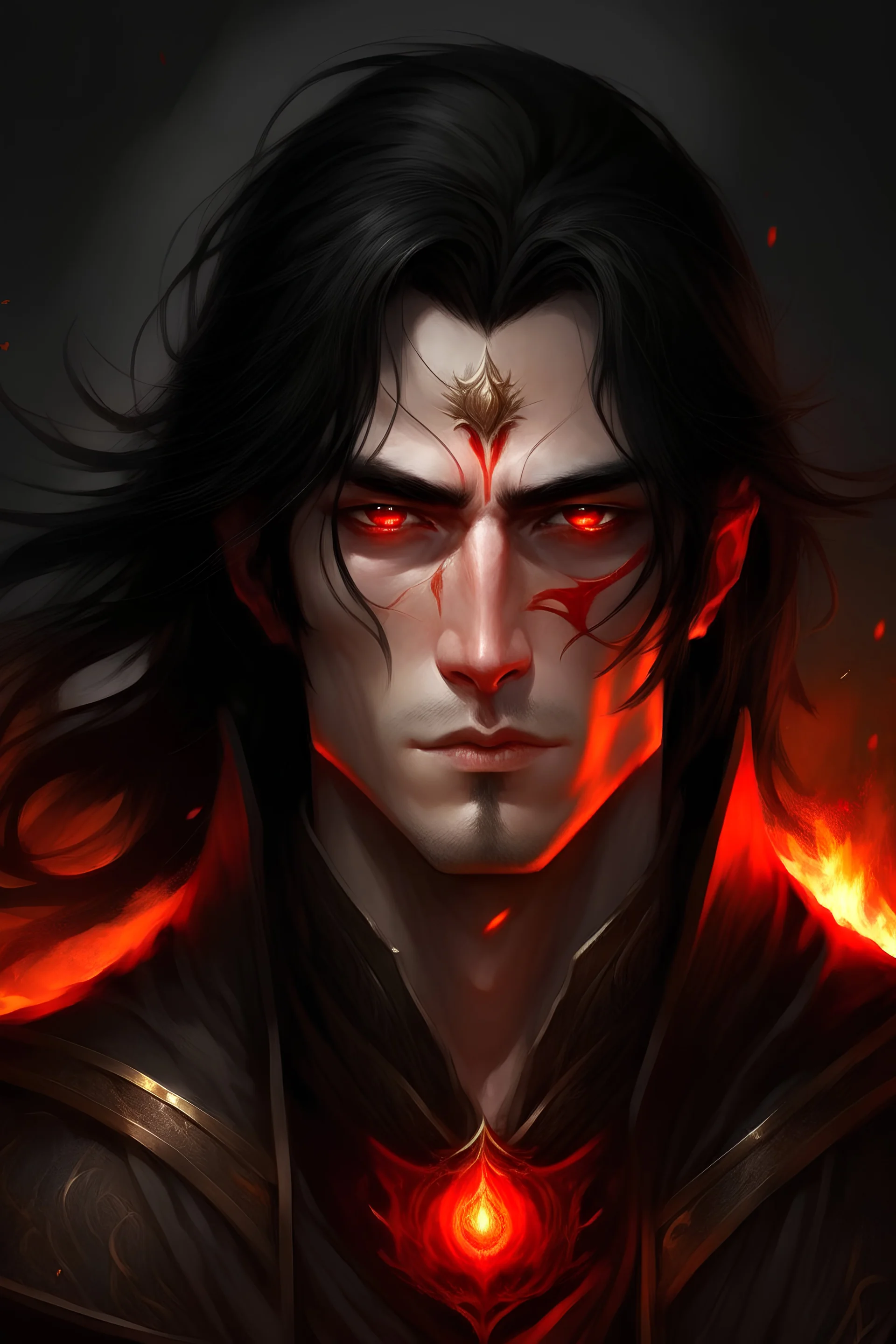A striking fantasy Lord Of The Rings like man with black hair, exuding an air of fierceness. His fiery red eyes hint at mystery and intelligence.