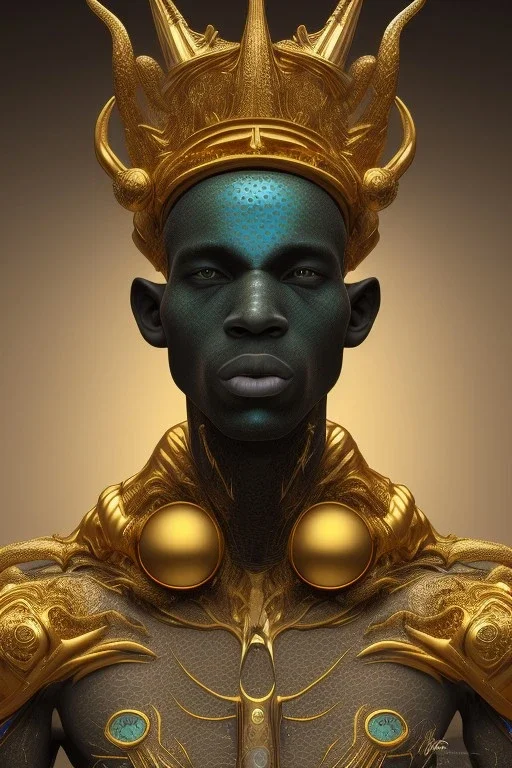 black male African alien, cracks in the head, wicked, Asian eyes, crown, blood, 8k, finely detailed, photo realistic, Boris Vallejo style turquoise skull head gold dragon space alien rain skeleton gold tooth silver helmet silver space suit spaceships