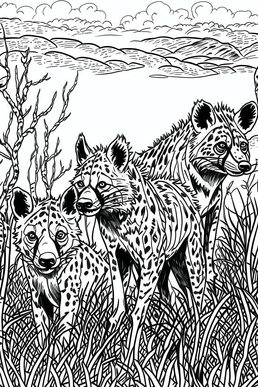 Outline art, hyenas standing in the bush, full body, cartoon style, black and white, low detail, no shading, --ar 9:11