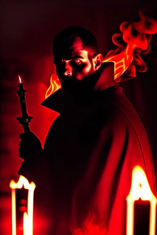 super close up view of an attractive but rugget looking gothic priest,he holds a burning sigarette while deep in thought , dark and somber vignette effect of lighting, style is dark and intense, with a blend of realism and abstraction. It uses a dramatic red and black color palette, textured brush strokes, and high contrast lighting to create a mysterious, haunting, and almost surreal atmosphere, highly detailed and realistic