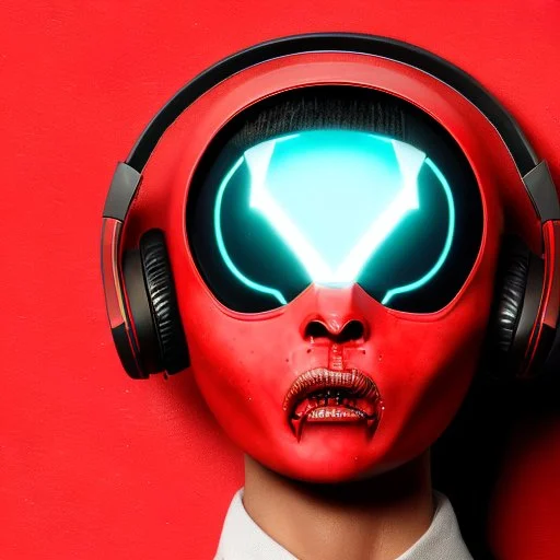 avatar portrait cute cyber alien Figure in a provocative pose,wearing headphones, Raw, gritty, Gothic,, flyer design, Dark reds and blacks, bright, bloody red , background that suggests violence and chaos, flyer design, 3D vector art, Defiant, rebellious, aggressive, fantasy art, watercolor effect, bokeh, Adobe Illustrator, hand-drawn, digital painting, low-poly, soft lighting, bird's-eye view, retro aesthetic, focused on the character