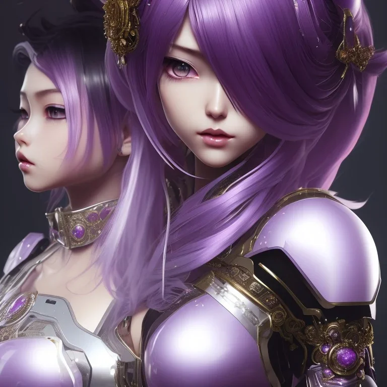 Detailed cute anime girl, purple hair buns, purple bangs, black latex bodysuit, intricate details, full body portrait, keep head in frame, slight smile, black Japanese motif, concept art, highly detailed, digital painting, concept art, sharp focus, illustration, art by Yoji Shinkawa, WLOP and greg rutkowski and alphonse mucha and artgerm and yanjun Chen and Junji ito and Makoto Shinkai, HDR, octane render