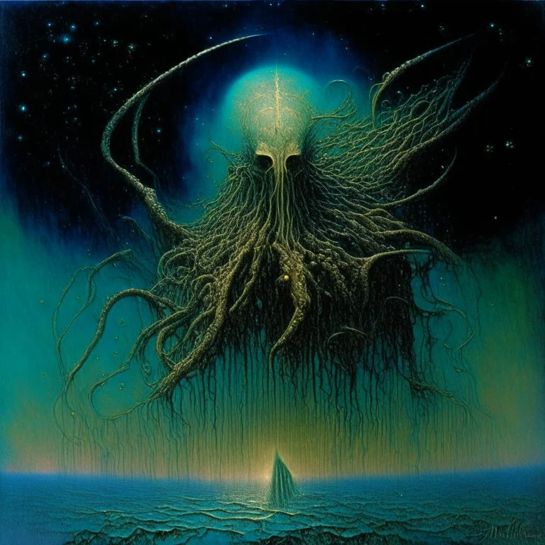 Music lyrics to image: " ancient Cthulhu Not dead but dreaming ...disgorged into a sea of stars!" (metal album cover artwork by Zdzislaw Beksinski, Michael Whelan, Brian Froud:1.6). ((Themes: lovecraftian horror, eldritch gods, existential dread)), masterpiece, intricate detailed, 8k resolution, absurd res, hyperdetailed