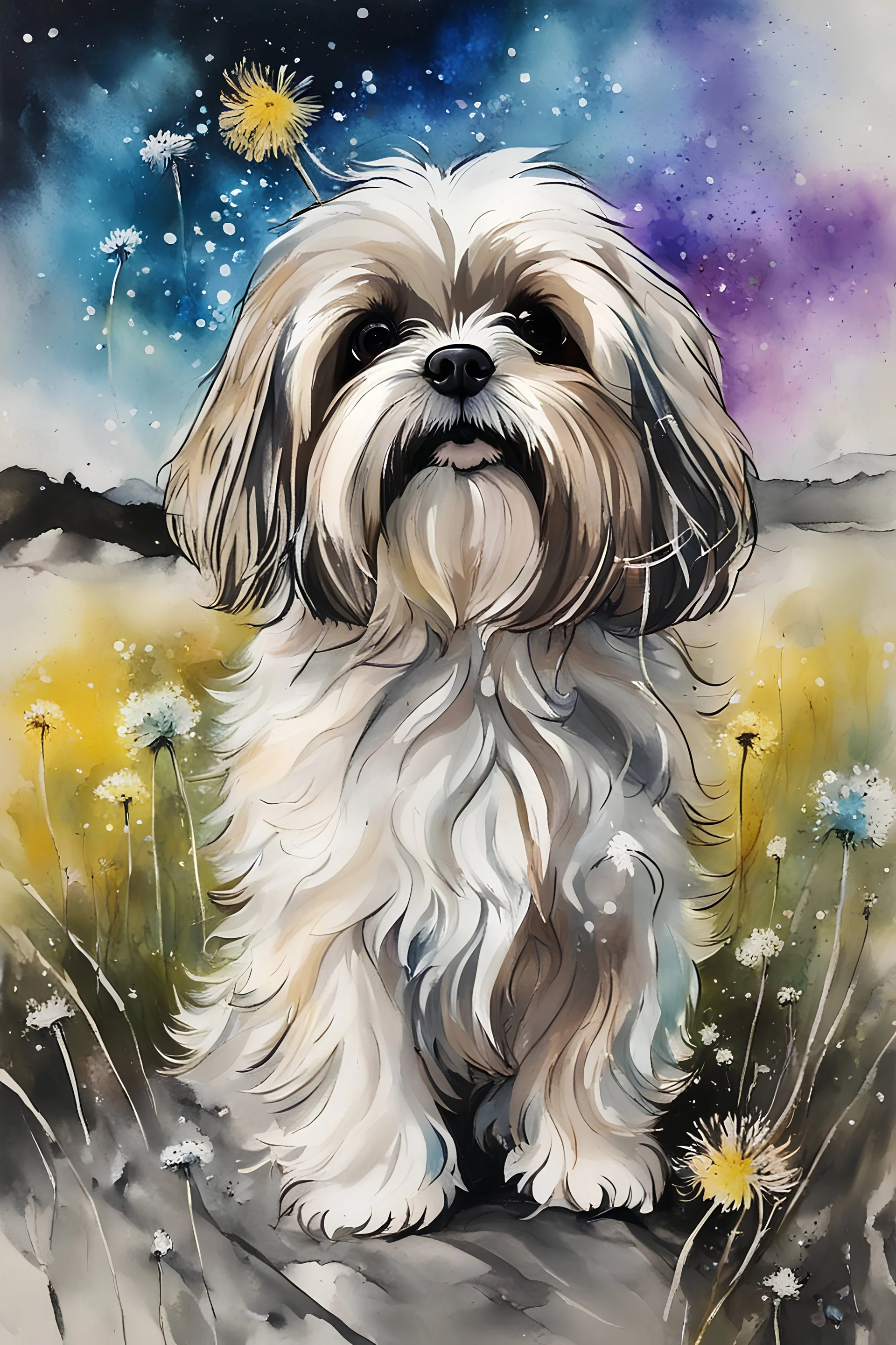 a cute and curious windblown Lhasa Apso dog watching dandelion seeds in the wind, alcohol inks, chalks, oil pant, glitter, mixed media