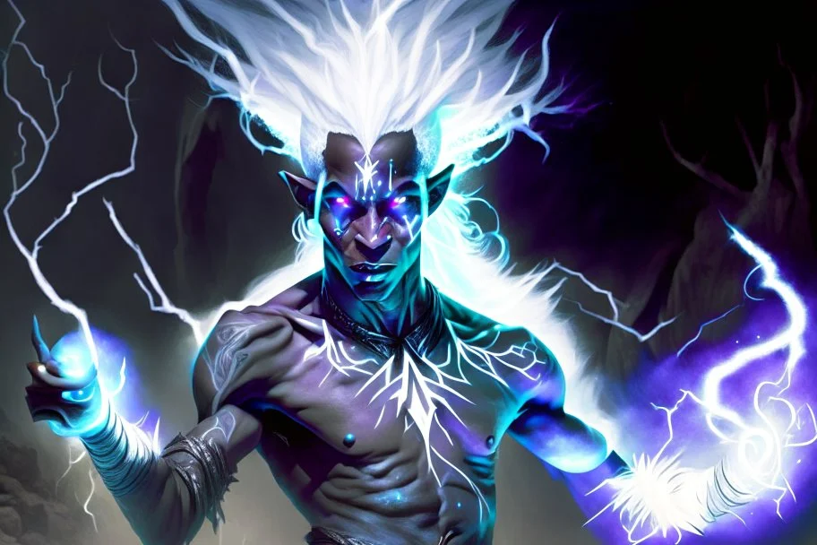 Thin young male Drow wizard wearing a shear tunic, wearing a loin cloth, casting a lightening spell, dark-elf boy with white hair blowing in the wind, glowing tattoos on black skin, strained muscles, wide stance, cave setting with bioluminescent background, white eyes, fierce grimace, accurate anatomy, 4K intricate detail, hyper realistic, vivid colours,