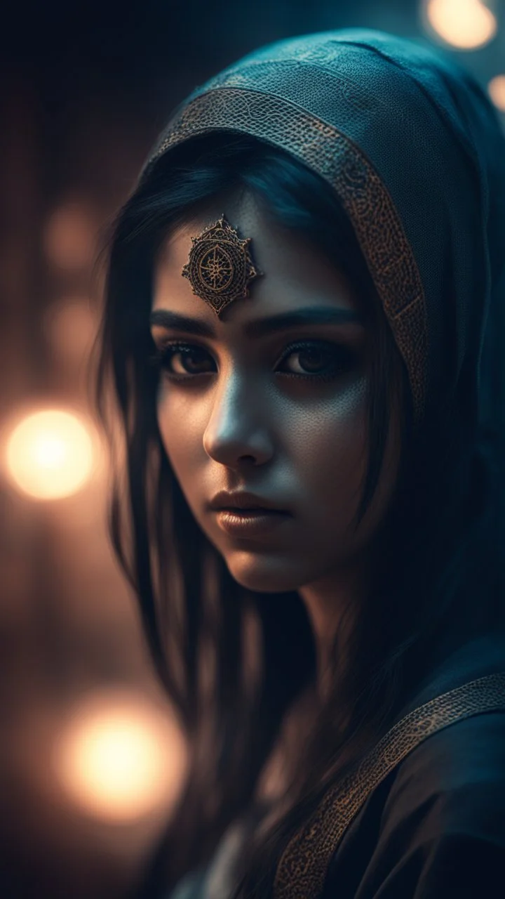 Shi Fi, a beautiful Arabic girl ,atmospheric lighting effects, intricate industrial details, moody atmosphere, eerie grimdark ambiance, complex motherboard accents, speculative fiction art. Bokeh