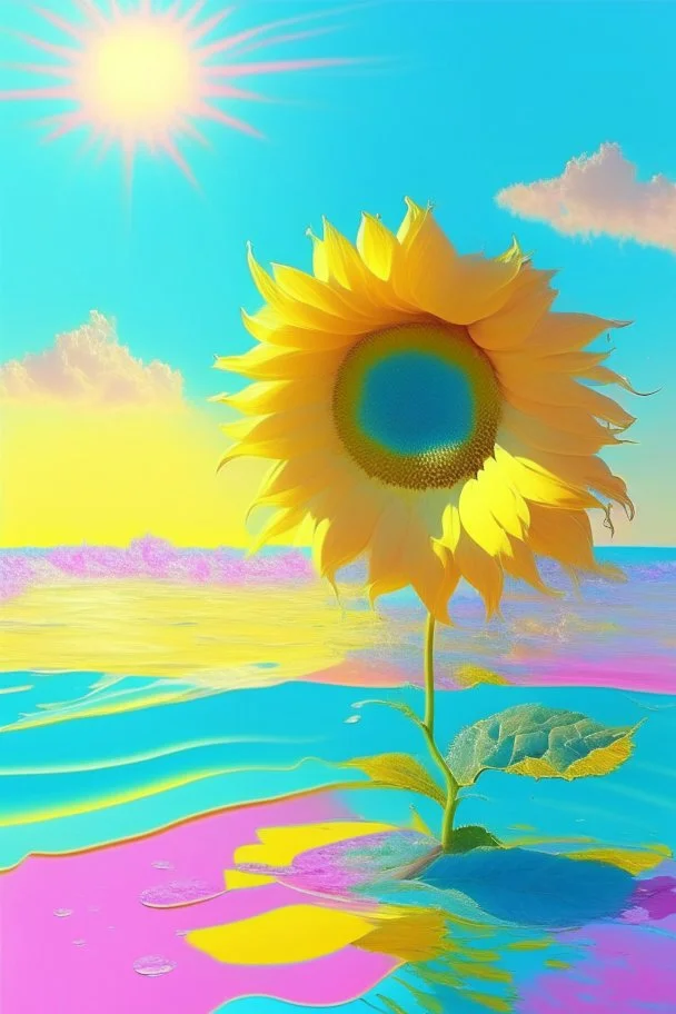 Morning, sunshine, light blue color, clear sky, bright sea, sunflower, pink, yellow, orange, green, rain