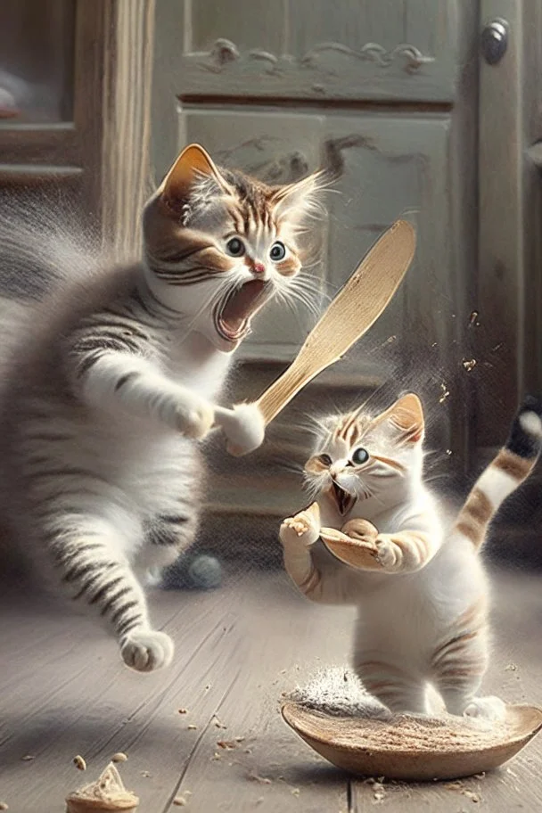 mother cat chasing baby cat with wooden spoon eating cake