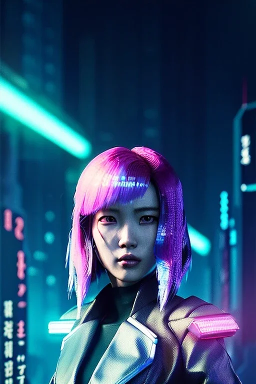 Blade runner portrait, Asian cyber woman:: symmetry photography, cyberpunk, pink hair, makeup, long line eye, light iris, :: latex coat :: cinematic, Ultra realistic, dark scene, soft color, highly detailed, unreal engine 5, RTX, ultra detail, 3d, finely drawn, high definition.