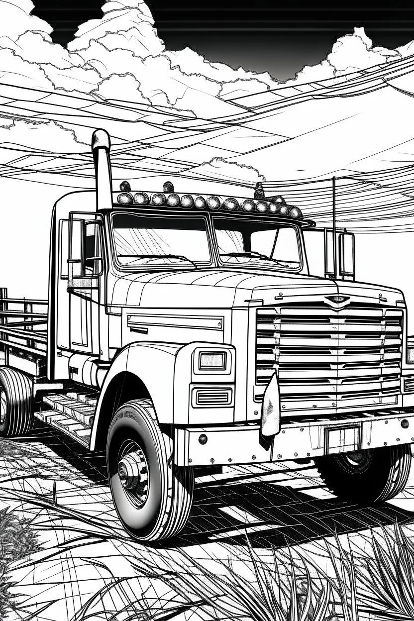 Outline art, no shading, truck, black and white, no shading, ow detail, --ar 9:11