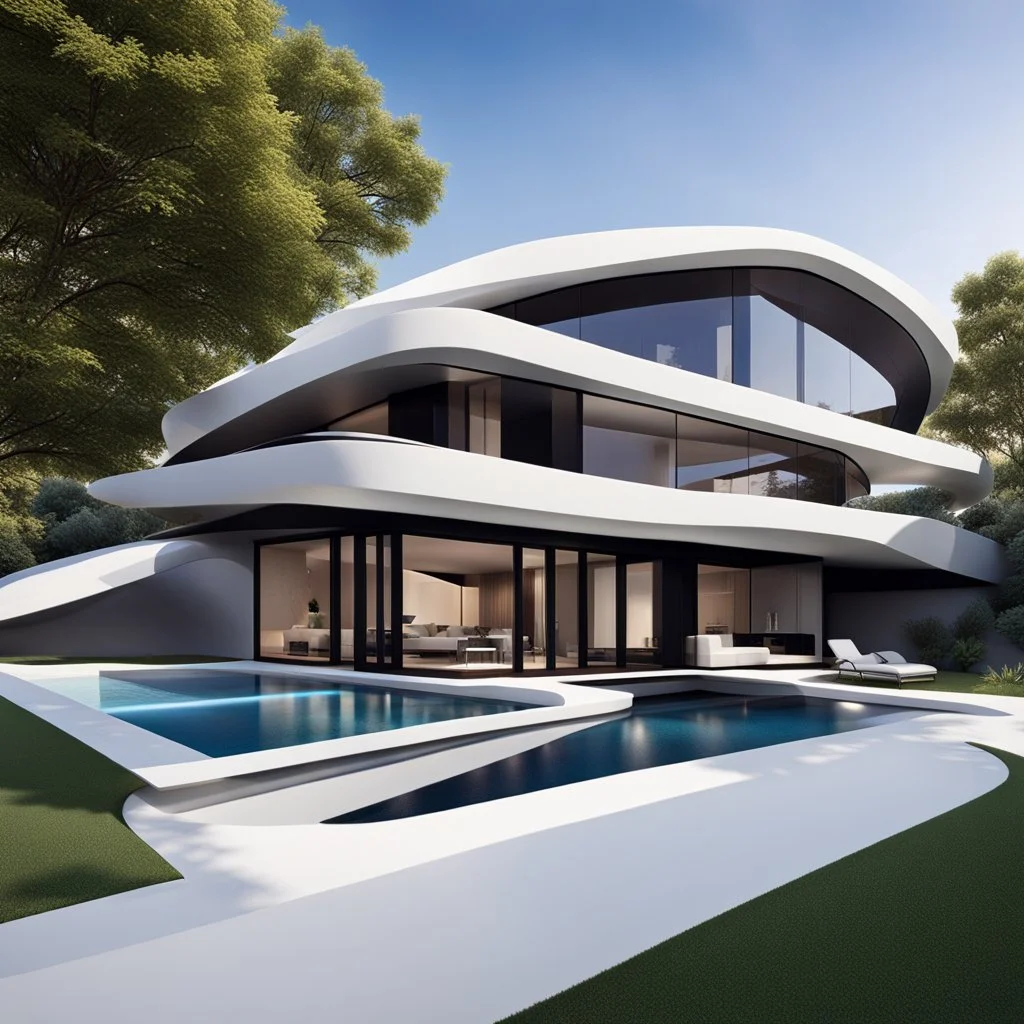 Vista frontal de una casa campestre moderna, estilo Zaha Hadid, minimalista,calidad ultra, 12k