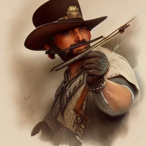 portrait,"Insanely detailed photograph of a male western mustachioed crossbowman", detailed charro and Sombrero, digital painting,eye patch, cigar, artstation, concept art, sharp focus, illustration, art by artgerm and greg rutkowski and alphonse mucha, 8 k,fantasy, unreal engine