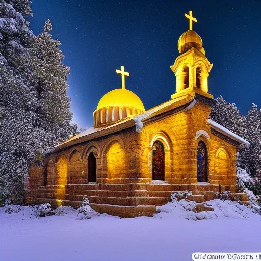 Greek Orthodox Church, decorated with intricate stone carvings, on a snowy night, golden crosses on tops, white light inside, many different color northern lights, full moon over mountains, 10 second long exposure, highly detailed, ultra reallistic, oil on canvas, cinematic lighting, colourful,long exposure, good atmosphere, by Jacek Yerka, Thomas Kinkade, Caspar David Friedrich.