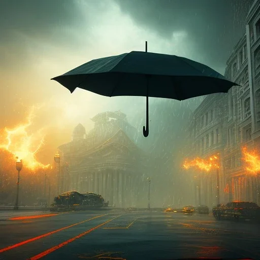 A giant umbrella. Big Open umbrella. open on a city street. Umbrella Fire. stormy day. Fireballs and storm clouds. Horizon. Dark sky, cascade, rain. Elegant. Extremely detailed. Award winning photography. Fantasy. 8k. Cinematic lighting. Photorealistic. Dynamic lighting. Imperial colors. Crisp quality. Unreal Engine. Colourful cinematic postprocessing.. VRay.