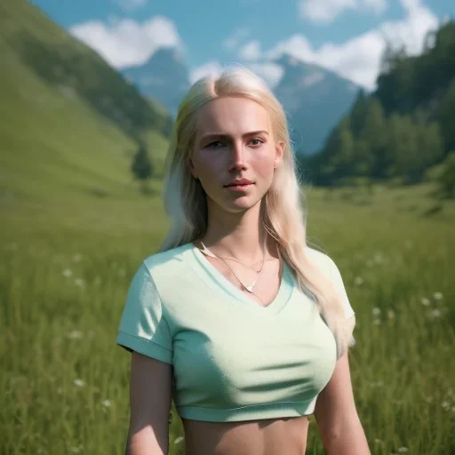 ultrarealistic, beautiful young blond Swiss girl standing in green field, mountain, sun, wearing blue shirt over, open arms, realistic eyes, blue eyes, unreal engine, photograph, realistic skin texture, photorealistic, hyper realism, highly detailed, 85mm portrait photography