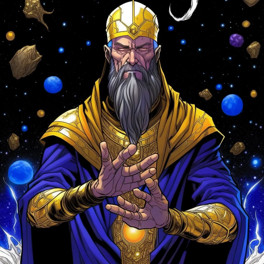 God-like man with infinite power who owns the galaxies and wears a beautiful crown with thanos Infinity Gauntlet