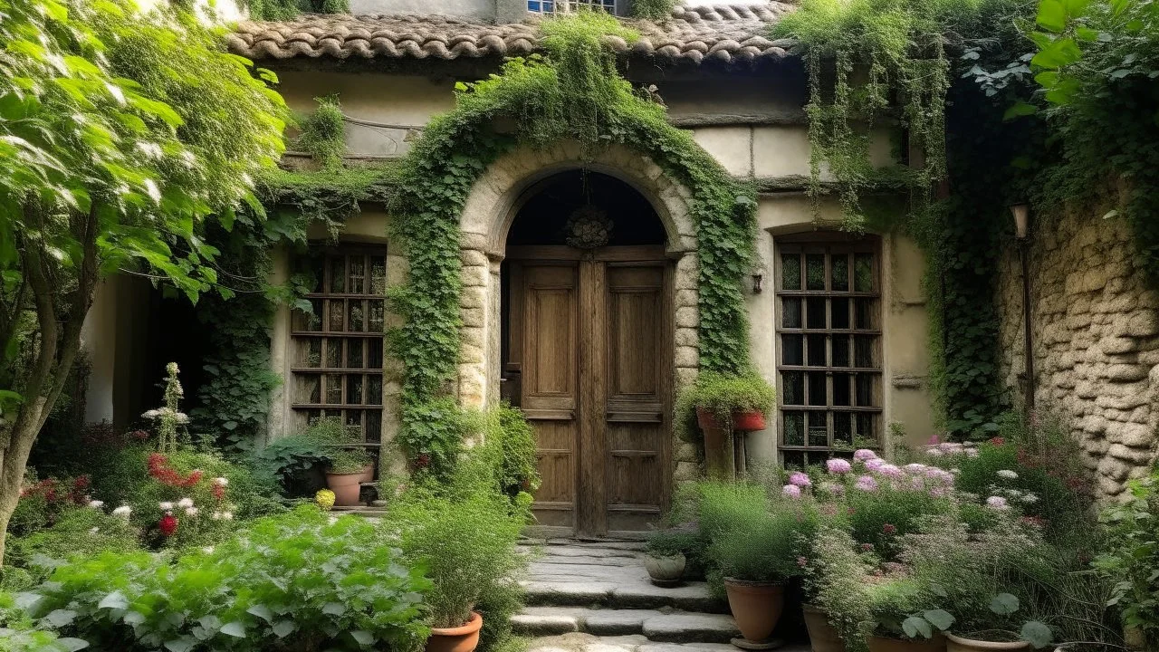 A cozy and charming old European-style house with a lush, overgrown facade covered in vines and flowers. The house has ornate arched windows and a wooden door surrounded by potted plants and flowers. The brick pathway leading to the house is lined with more potted plants and flowers, creating a whimsical and inviting atmosphere