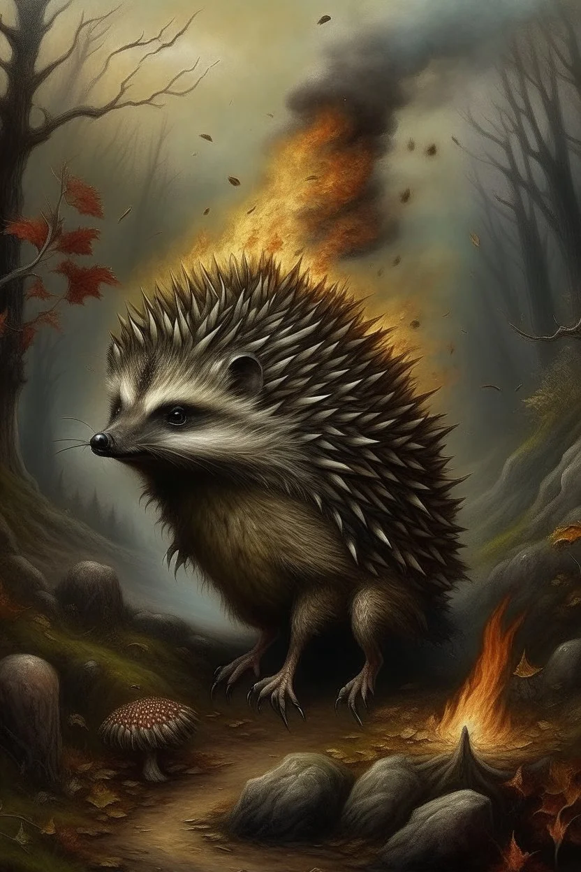Scary wild hedgehog , witches pants, mohawk, clearing, trees, smoke in the background, realistic, Busch painting style