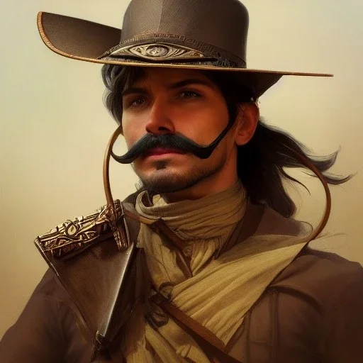 portrait,"Insanely detailed photograph of a male western mustachioed crossbowman", charo detailed, sequenced Sombrero, detailed D20 flair, digital painting, artstation, concept art, smooth, sharp focus, illustration, art by artgerm and greg rutkowski and alphonse mucha, 8 k,fantasy, unreal engine