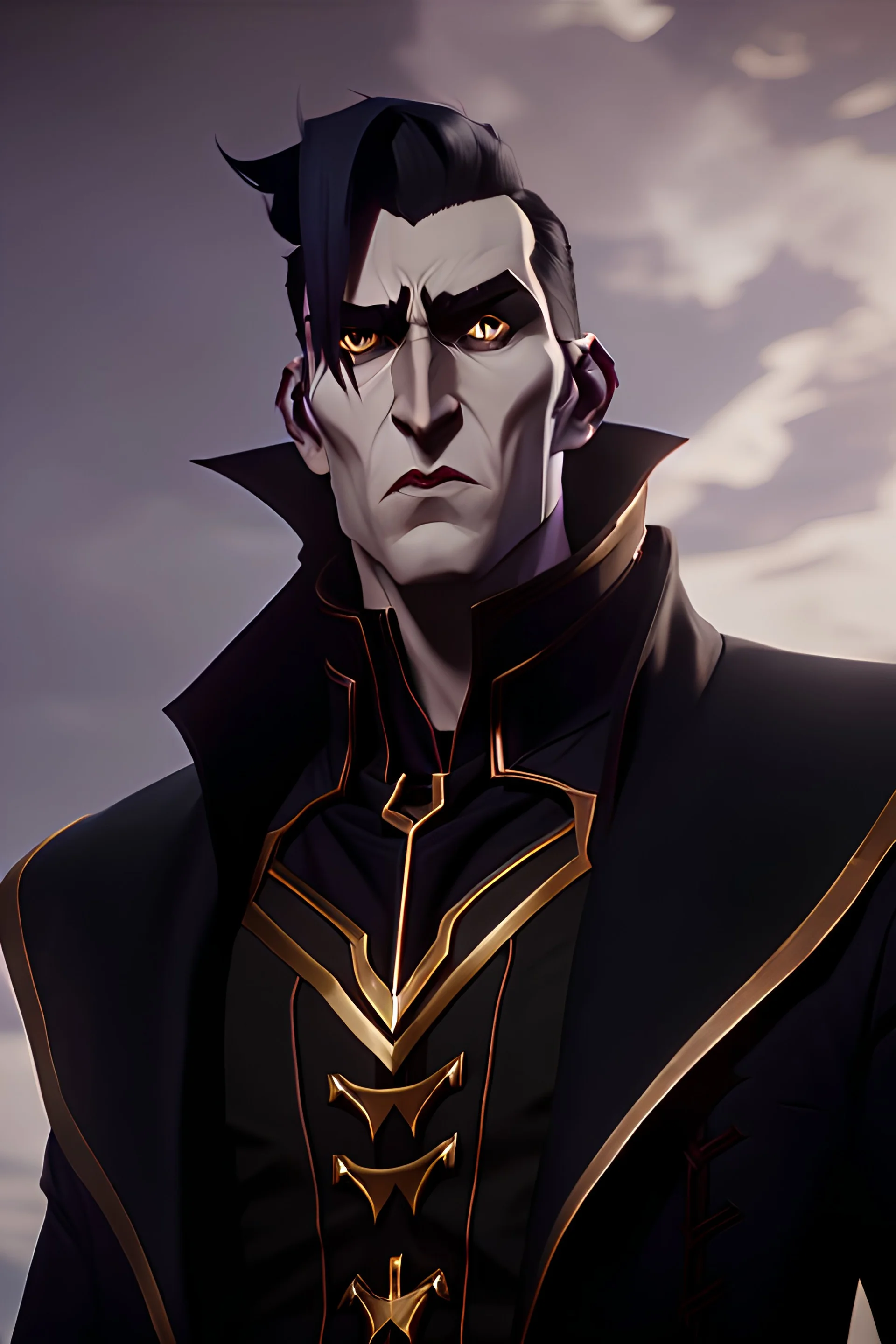 a tall, imposing Vampire, with broad shoulders and massive arms, Long, black hair, a nose that curves down like a vultures beak, a large, square chin with a large impression denting the center of it, extremely pale skin, dark, evil eyes, wearing a black leather jacket and pants with a black high collared leather cape, realistic lighting, Very accurate, full body portrait, eyes looking directly into the camera in dark dramatic lighting, realistic, photorealism, 4k, HD, Ultra-HD,