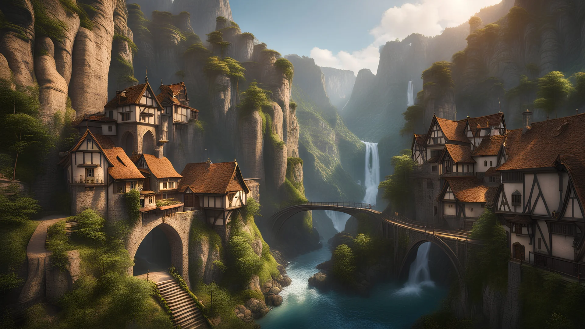 a small medieval town at the end of a steep, narrow, tall cliff valley. multiple waterfalls, a masterpiece, fantasy concept art, dynamic lighting, hyperdetailed, intricately detailed, deep color, Unreal Engine, volumetric lighting, Epic cinematic brilliant stunning intricate meticulously detailed dramatic atmospheric maximalist digital matte painting