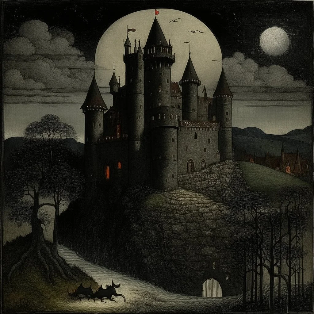 A black castle with a moon dragon painted by Pieter Bruegel the Elder