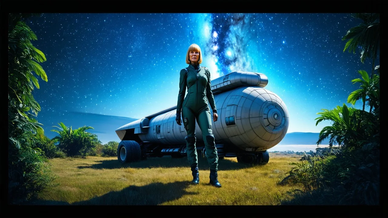 A photorealistic image of an adventurous, slender, older woman from the future, dressed in a tailored, full-body spacesuit, stands proudly beside her stubby cargo spaceship. Her uncombed, blond hair has bangs. Standing in a jungle clearing. The scene is framed by a cosmic expanse of stars and nebulas.