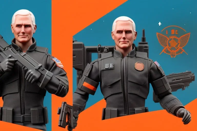 packaging label Mike pence g.i. joe toy With a gun space force uniform action figure, fluorescent orange, pricetag, snowcat