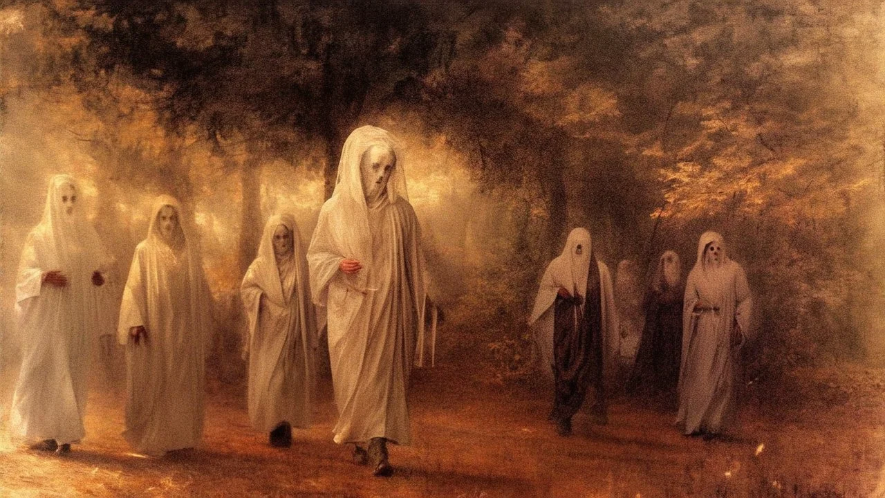 A group of ghostly figures in long white robes walking through a dark, hazy forest landscape