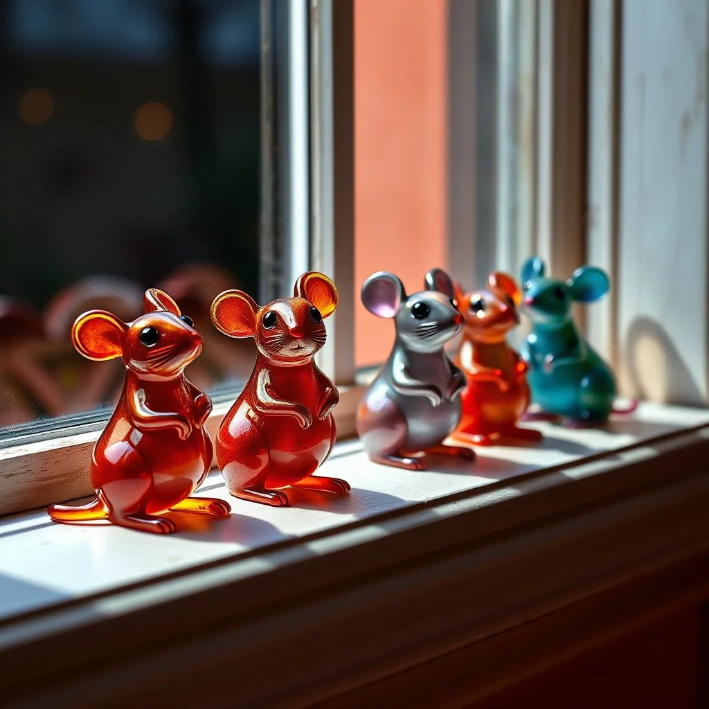 🏁 Enameled glass figurines of anthropomorphic mice arraigned on a windowsill, image guided by ρ( ∂t ∂v +v⋅∇v)=−∇p+μ∇ 2 v+f , photorealism, HD digital photography, warm colors