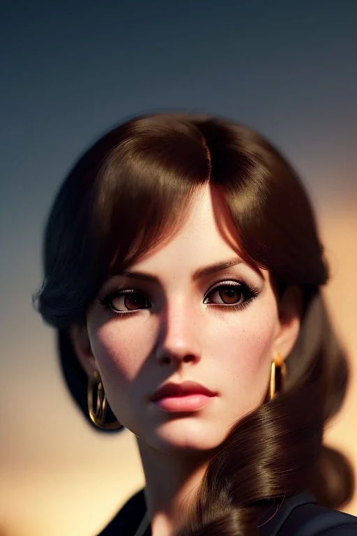 young business woman, brown hair, dark orange eyes, hoop earrings, red blouse, elegant, dark eyeshadow, black eyeliner, high arch angular eyebrows, head and shoulders portrait, 8k resolution, WLOP, Alphonse Mucha dynamic lighting, hyperdetailed, intricately detailed, retroanime